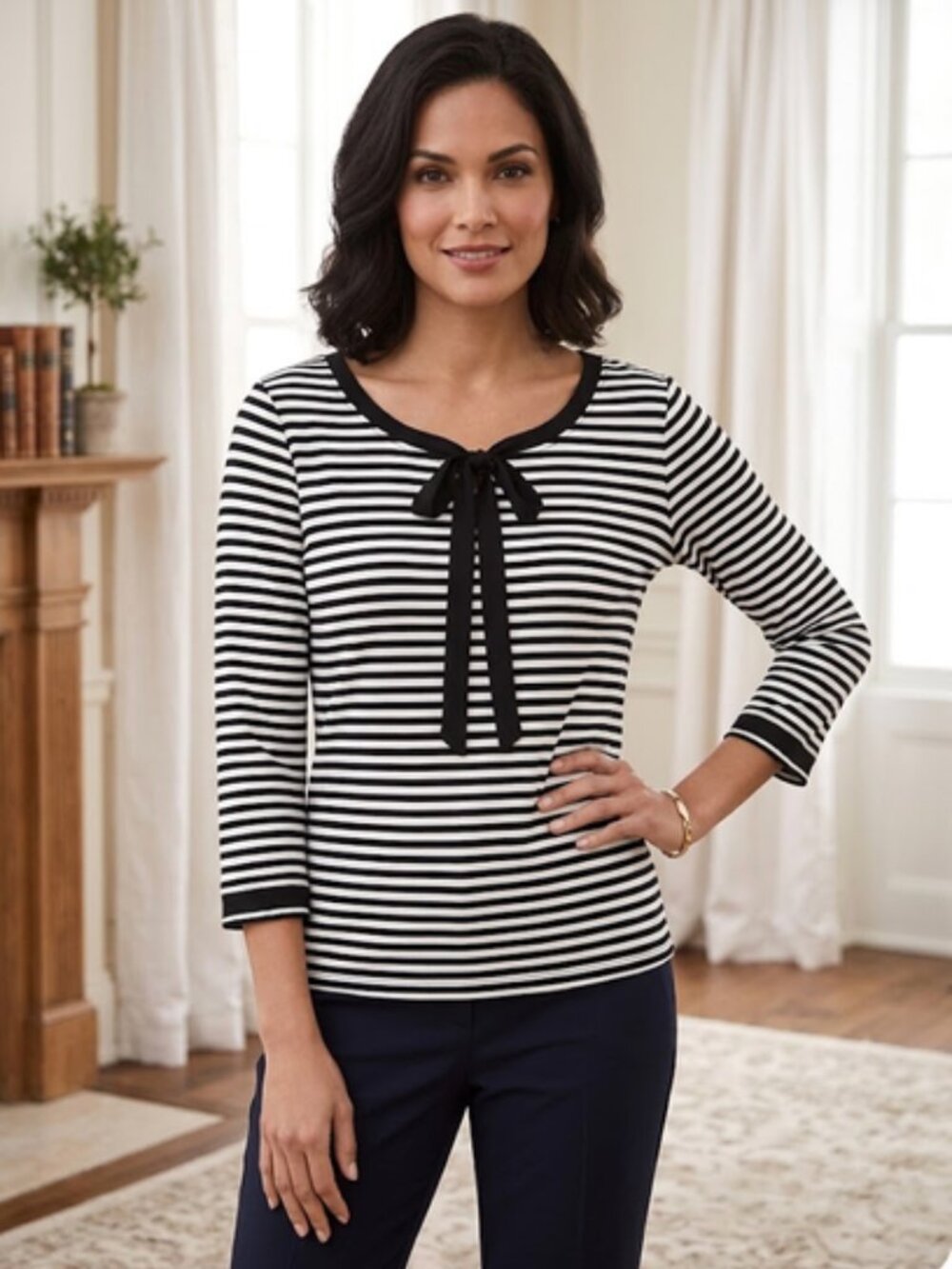 Talbots Black White Striped Tie Neck Top Maritime Nautical Bow, 3/4 Sleeve, sz M